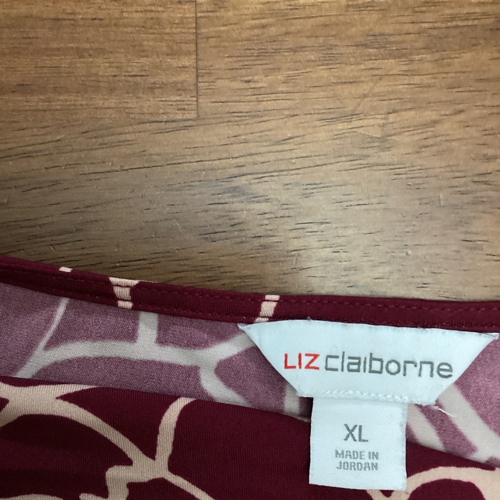 Liz Claiborne Womens XL Burgundy Floral Cowl Neck 3/4 Sleeve Top Blouse - Picture 4 of 6